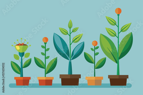 Vector illustration showing the growth stages of potted plants, symbolizing development and nature. Features colorful leaves and buds in various sizes.