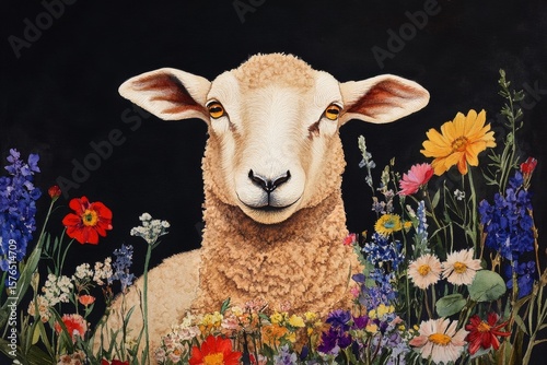 Black Sheep Surrounded by Vibrant Wildflowers in a Colorful Garden Setting