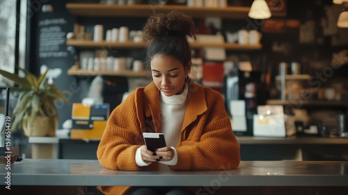 Woman in orange cardigan looking at phone at a cafe counter