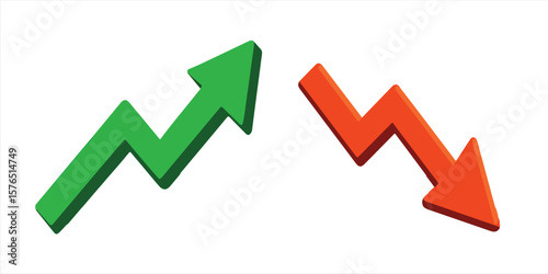Stock Market Trend Arrows Green Upward and Red Downward Zigzag Arrow Icons Representing Financial Growth and Decline for Business, Investment, and Economic Analytics

