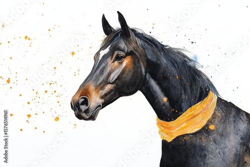 Brown Horse With Blue Scarf Staring Proudly Against a White Background