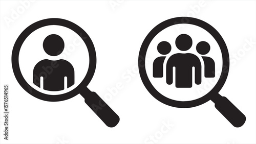 Recruitment and Selection Icons – Black Silhouette Magnifying Glass Over Person and Group Symbol for HR, Job Search, Candidate Profile, and Business Team Concept Vector Illustration