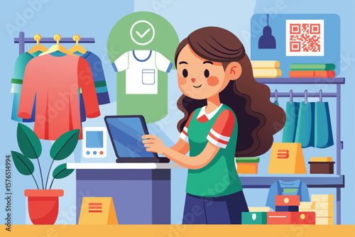 Illustration of a smiling woman at a retail clothing store counter, interacting with a touchscreen device. Shelves display colorful clothes, creating a vibrant shopping atmosphere.