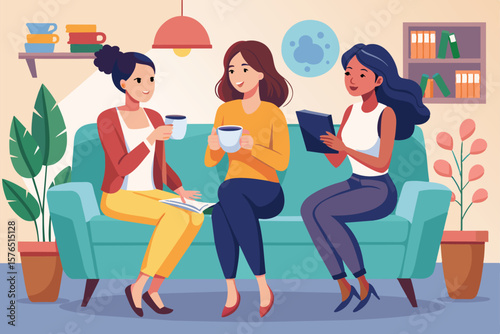 Three women engage in a lively conversation while sipping coffee on a comfortable couch. The scene depicts friendship, relaxation, and a casual yet joyful meeting in a home like setting.