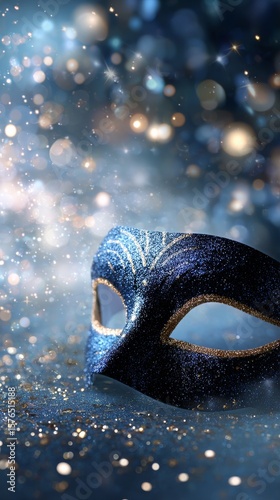Sparkling Blue Mask Lying on a Shimmering Surface With Soft Lights in the Bac...