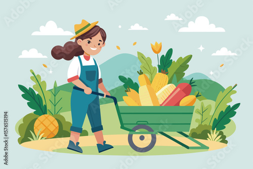A cheerful girl pushing a wheelbarrow filled with colorful vegetables in a lush garden. Surrounded by nature, she is enjoying a pleasant gardening experience on a sunny day.
