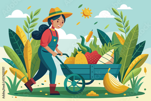 Illustration of a cheerful farmer pushing a wheelbarrow loaded with diverse fresh vegetables and fruits, symbolizing harvest, agriculture, and the joy of farming outdoors.
