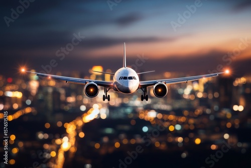Aircraft Approaches Urban Airport During Twilight With City Lights Sparkling ...