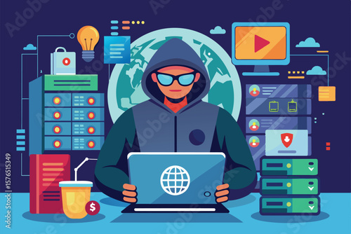 Illustration of a masked hacker in a hoodie working on a laptop surrounded by servers, digital icons, and technology visuals, symbolizing cyber security or data theft.