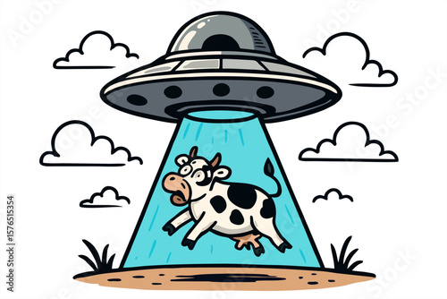 Cartoon cow being abducted by a UFO with a blue light beam, perfect for a fun t-shirt print.