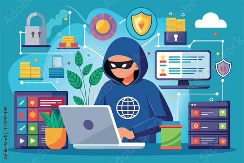 Illustration depicting a hacker in a hooded sweatshirt surrounded by cybersecurity icons, including locks, shields, and network connections, representing data security and online threats.