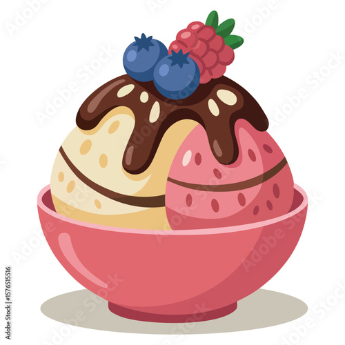 Melting scoop of vanilla ice cream with mixed berries illustration design