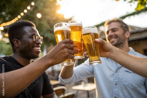 Friends cheers beer glasses together outdoors happy hour celebration friendship
