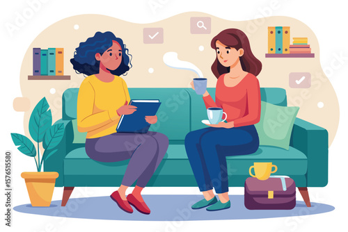 Two women enjoying a friendly conversation over coffee in a relaxed living room setting, surrounded by books and plants. The atmosphere is warm and inviting, symbolizing friendship and comfort.
