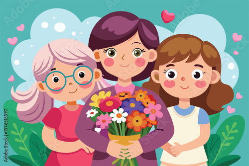 Illustration of a joyful family scene with a mother and her daughters sharing a moment of love and happiness, surrounded by hearts and holding colorful flowers.