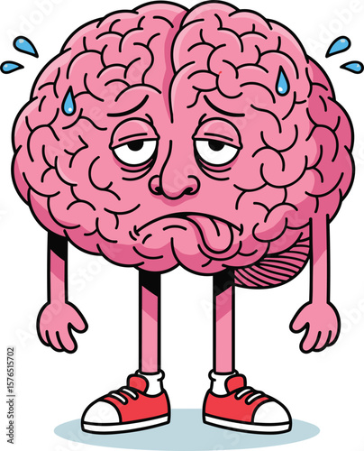 Exhausted Cartoon Brain Character Sweating and Tired, Representing Mental Fatigue, Stress, Burnout, or Overthinking Concepts