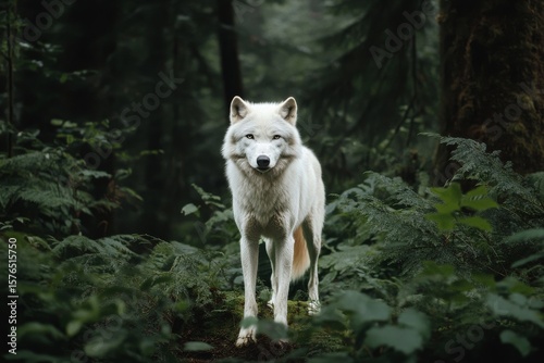 White Wolf Standing on Lush Green Foliage in a Forest During Daylight Hours