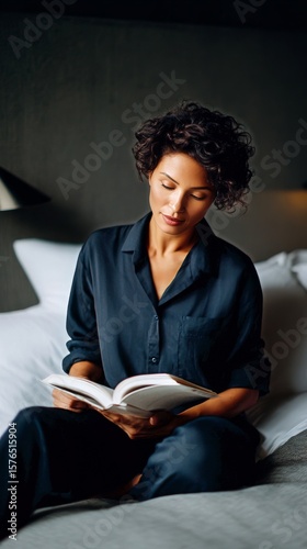 Woman Reading a Book While Sitting Comfortably on a Bed in a Cozy Room
