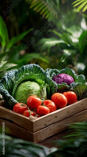 Fresh Vegetables Harvested From the Garden Displayed in a Wooden Crate Surrou...
