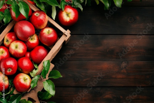 Fresh Red Apples Arranged in a Wooden Crate on a Rustic Table With Greenery