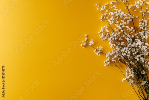 Bright Yellow Background With White Flowers and Green Leaves Arranged Artisti...