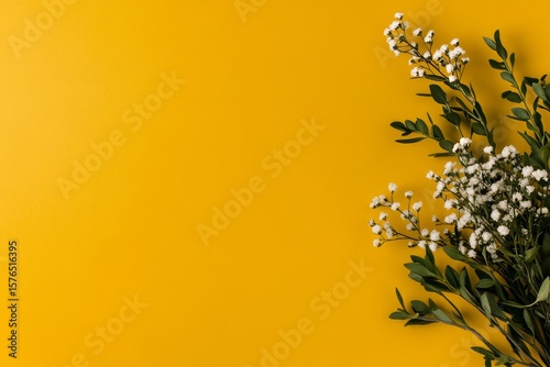 Bright Yellow Background With Delicate White Flowers and Green Leaves Arrange...