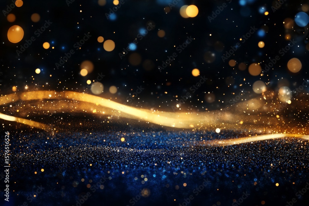Obraz premium Golden and Blue Shimmering Particles Create an Enchanting Atmosphere in a Dark Setting