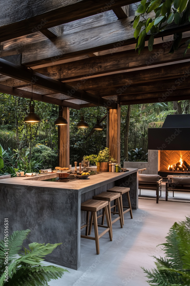 Fototapeta premium Outdoor kitchen countertop styled like natural stone, in a modern summer gazebo with a fireplace
