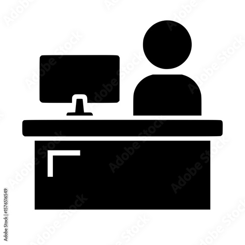 Minimalist Icon of Person at Desk with Computer