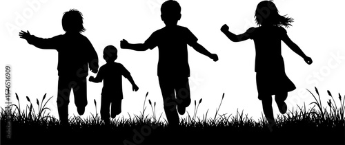 running kids silhouette, black and white silhouette, vector and illustration
