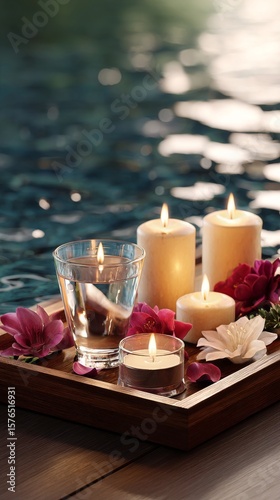 Decorative Candles and Flowers Arranged on a Wooden Tray Near a Serene Water ...