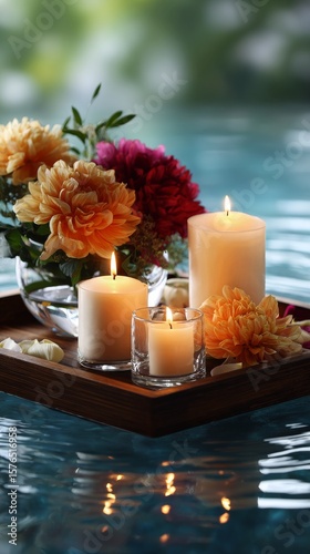 Relaxing Spa Setup With Candles and Flowers Floating on Tranquil Water Surfac...