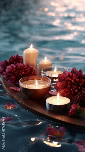Relaxing Spa Setup With Candles and Flowers Floating on Tranquil Water Surfac...
