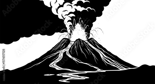 volcano eruption with lava silhouette, black and white silhouette, vector and illustration
