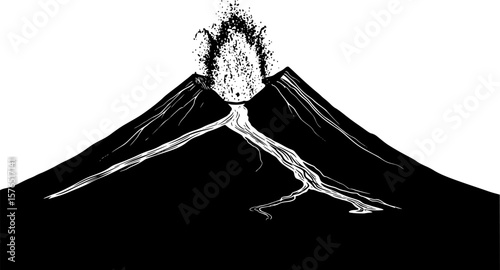 volcano eruption with lava silhouette, black and white silhouette, vector and illustration
