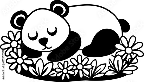 Cartoon bear with flowers illustration in SVG format.Cute Sleeping Panda Surrounded by Flowers and Plants
