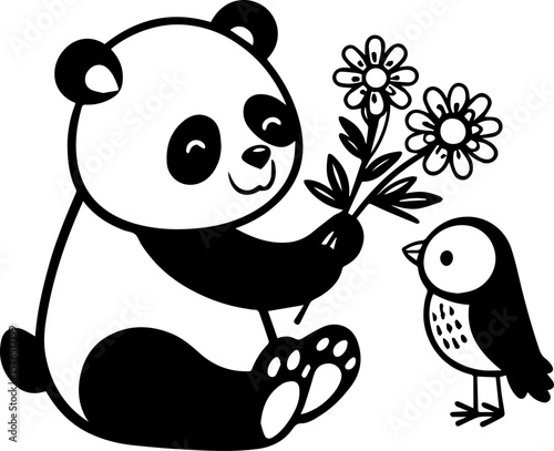Cartoon bear with flowers illustration in SVG format.Cute Panda Holding Flowers with Bird in Black and White