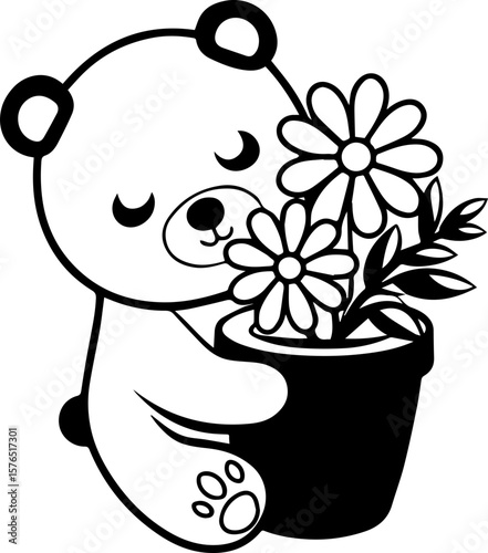 Cartoon bear with flowers illustration in SVG format.Cute Bear Holding a Flower Pot with Smiling Expression