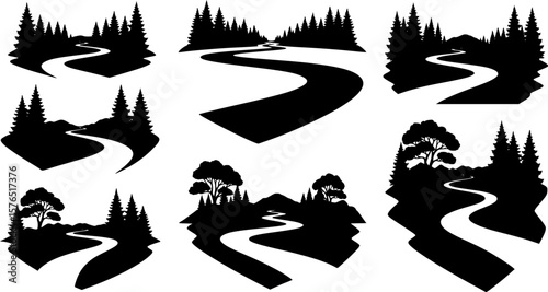 set of toy serene river curves with trees silhouette, black and white silhouette, vector and illustration

