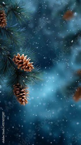 Winter Pine Cones Hanging From Branches in a Snowy Forest Environment at Dusk