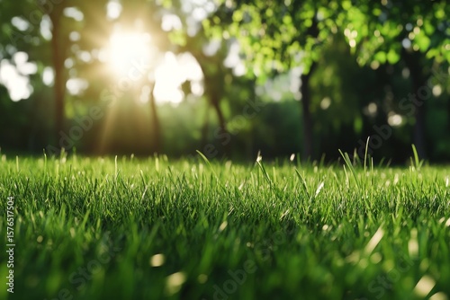 Sunlight Illuminating Fresh Green Grass in a Serene Park During Early Morning...