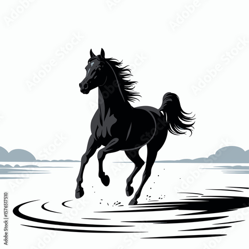 Elegant Black Horse Galloping Through Water with Grace and Power a Stunning Vector Illustration of Equine Beauty and Strength in Motion
