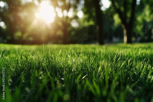 Sunlight Illuminating Fresh Green Grass in a Serene Park During Early Morning...