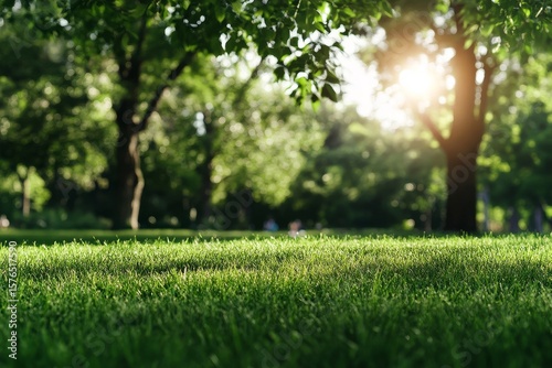 Sunlight Filtering Through Trees Onto Lush Green Grass in a Peaceful Park Set...