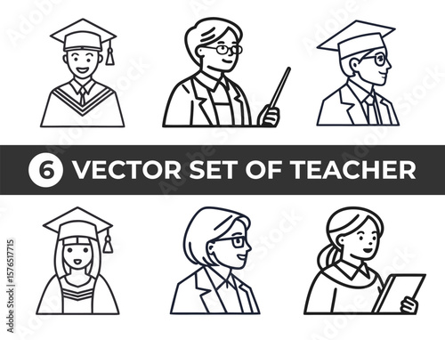Collection of six diverse teacher and student icons in outline style