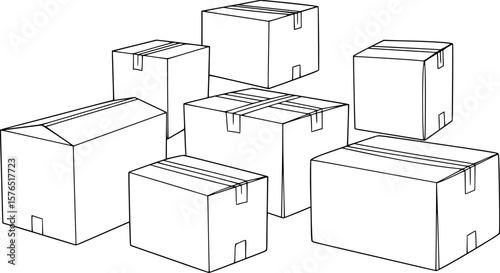 set of cardboard boxes line art, black outline, vector and illustration, coloring book page line art drawing
