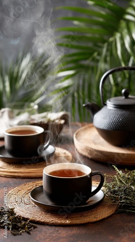 Warm Tea Brews in Traditional Cups With Steam Rising Amidst Lush Greenery in ...