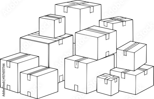 set of cardboard boxes line art, black outline, vector and illustration, coloring book page line art drawing
