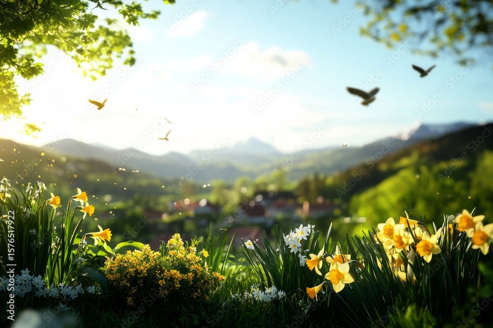 Fototapeta premium Spring Blossoms and Clear Skies Over the Valley With Vibrant Flowers and Fluttering Birds