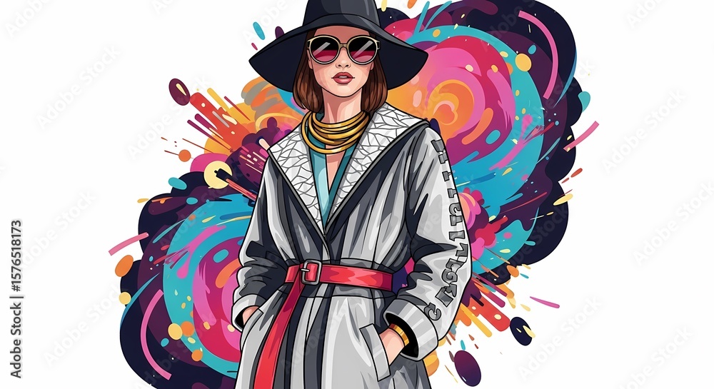 Fototapeta premium Stylish Woman in Hat and Sunglasses with Abstract Colorful Background.